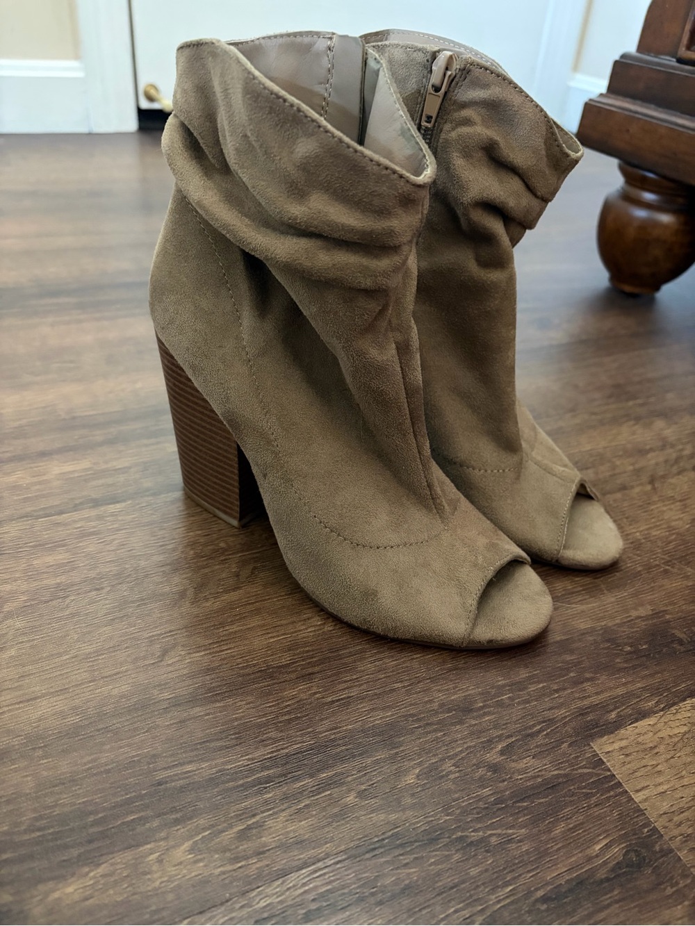 Indigo Taupe Suede Peep-Toe Ankle Booties
